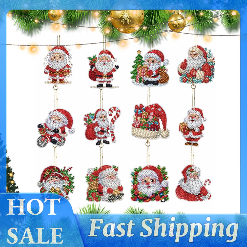 Resin Art Ring - 12Pcs Christmas Diamond Art Keychain Ornaments